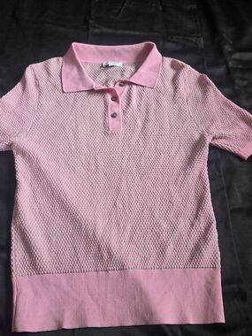 Anthropologie Current Air Light Pink Green Stretch Knit Polo Preppy Top